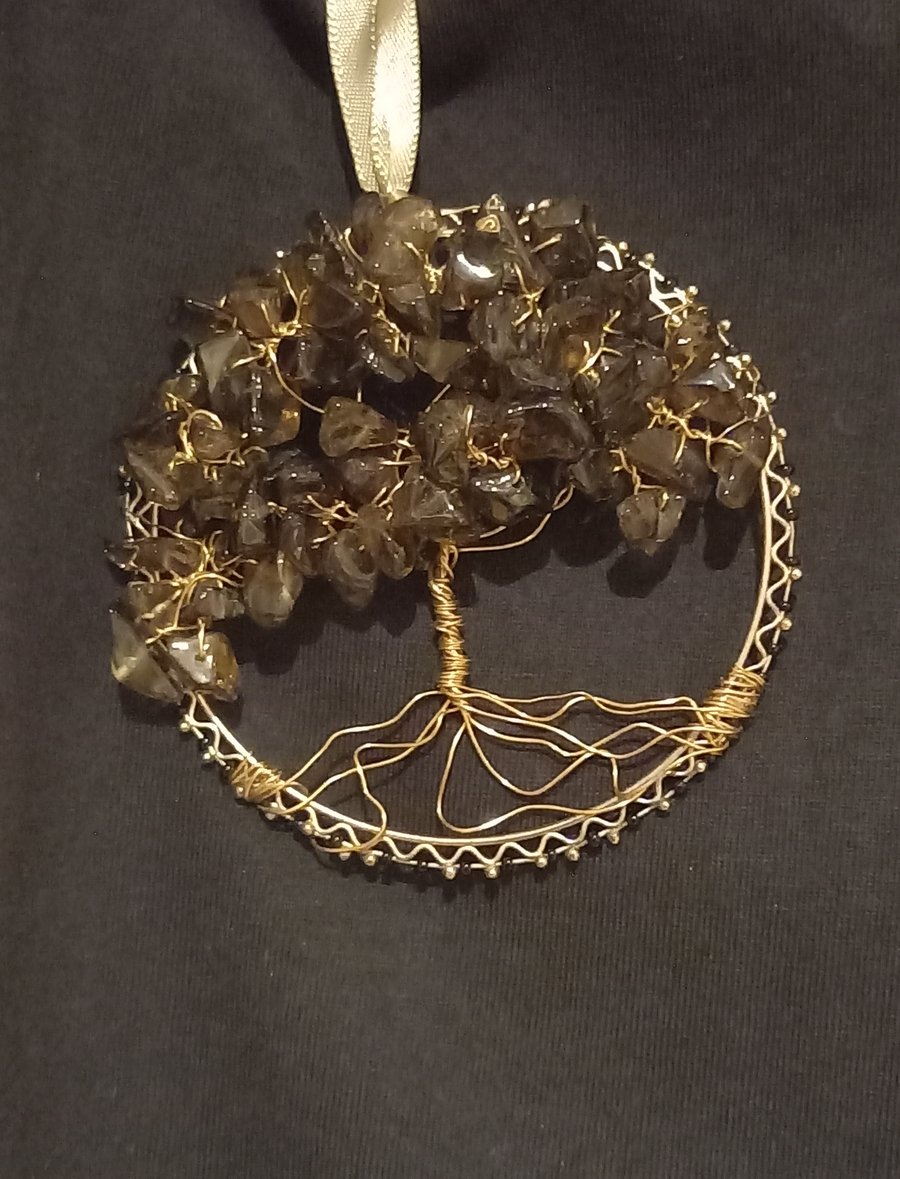 Smoky quartz  Crystal tree of life bangle hangers on a ribbon 