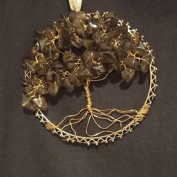 Smoky quartz  Crystal tree of life bangle hangers on a ribbon 