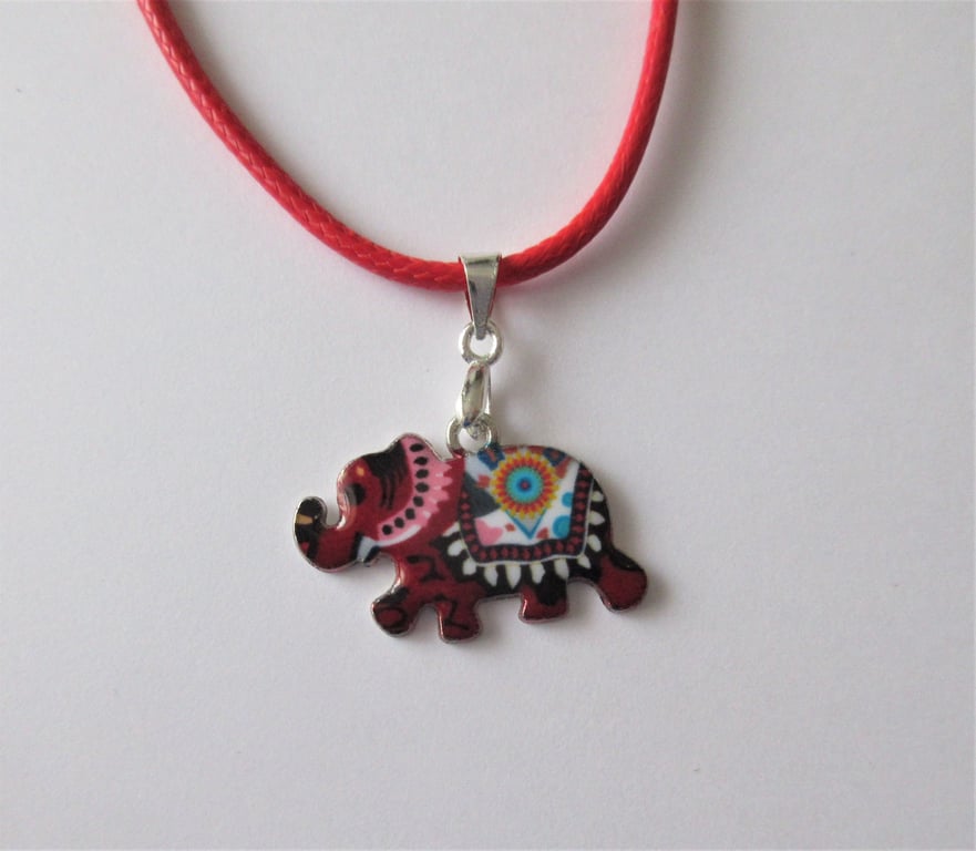 Owl Necklace Red Cord with Cute Elephant Charm