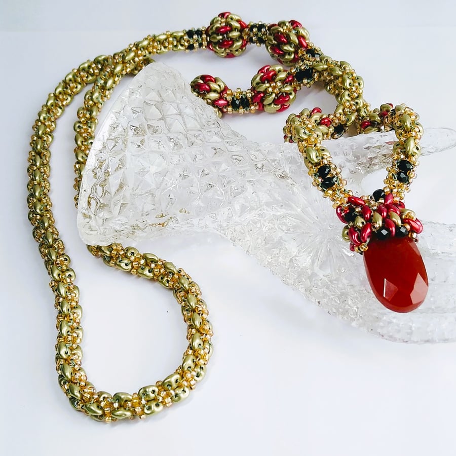 Hand Beaded Sage Green & Red Longline Necklace with Red Chalcedony Pendant