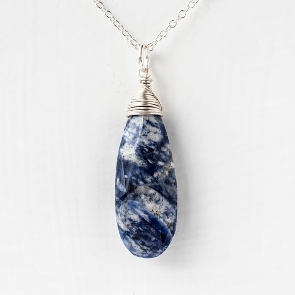 Amazing Sodalite Briolette Pendant Necklace on sterling silver chain.