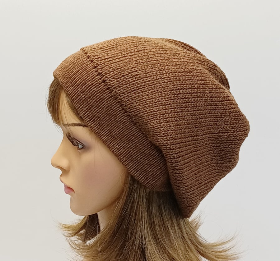 Handmade brown alpaca blend baggy beanie, slouch hat, slouchy beret for women
