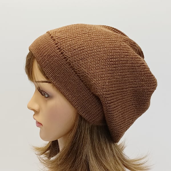 Handmade brown alpaca blend baggy beanie, slouch hat, slouchy beret for women