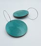 Turquoise large hand printed dangly disc wooden hoop earrings - Image 4