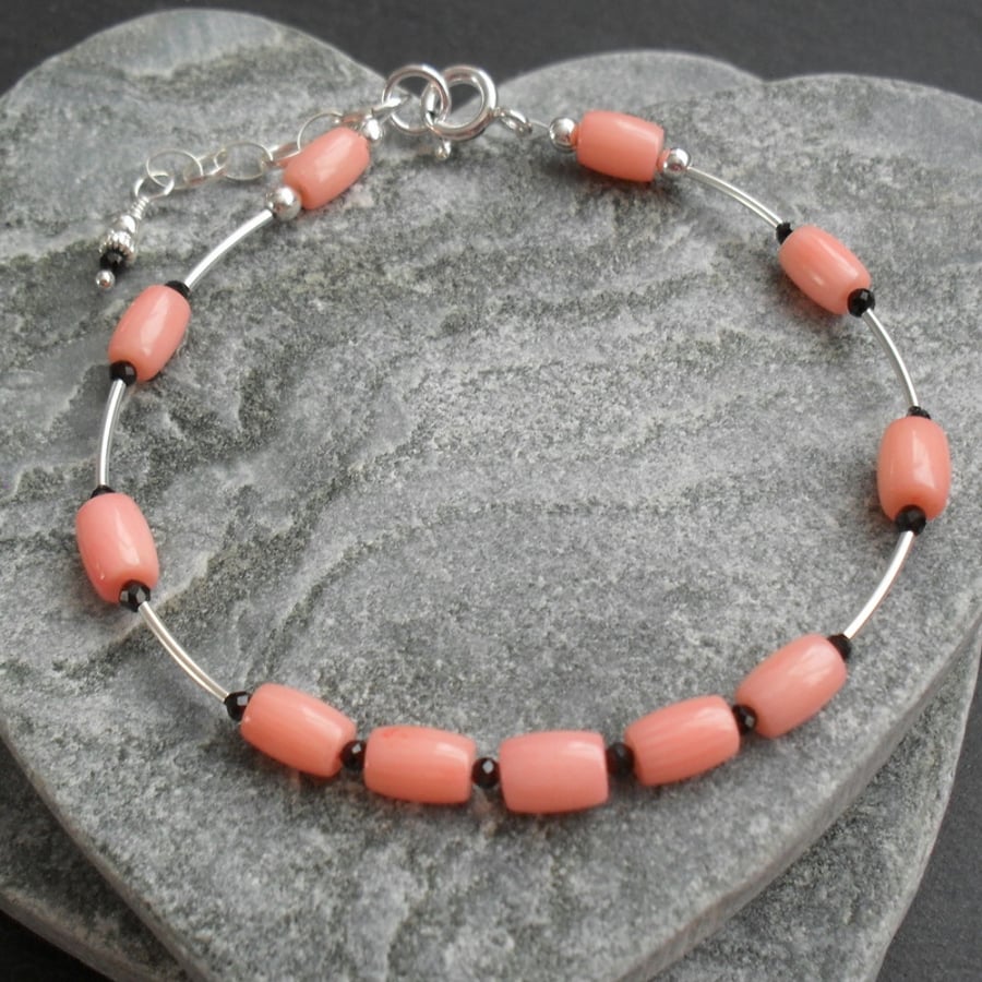 Dainty Coral and Black Spinel Stacker Style Bracelet Sterling Silver