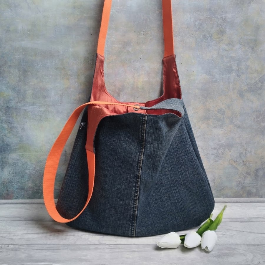 Denim and Silk Lined Hobo Bag