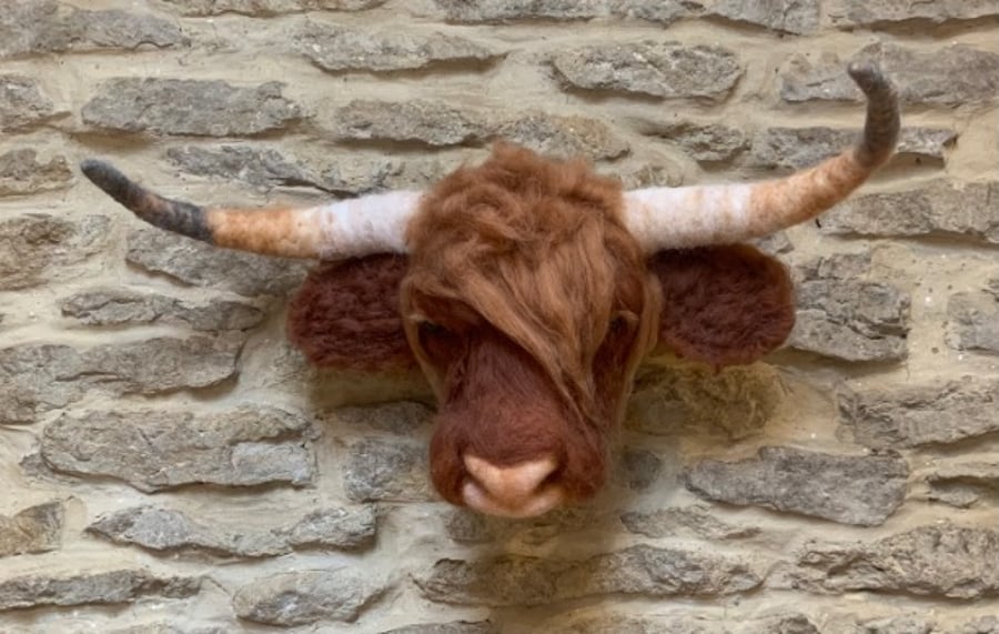 Handmade Faux Taxidermy Highland Cow made from natural wool fibres