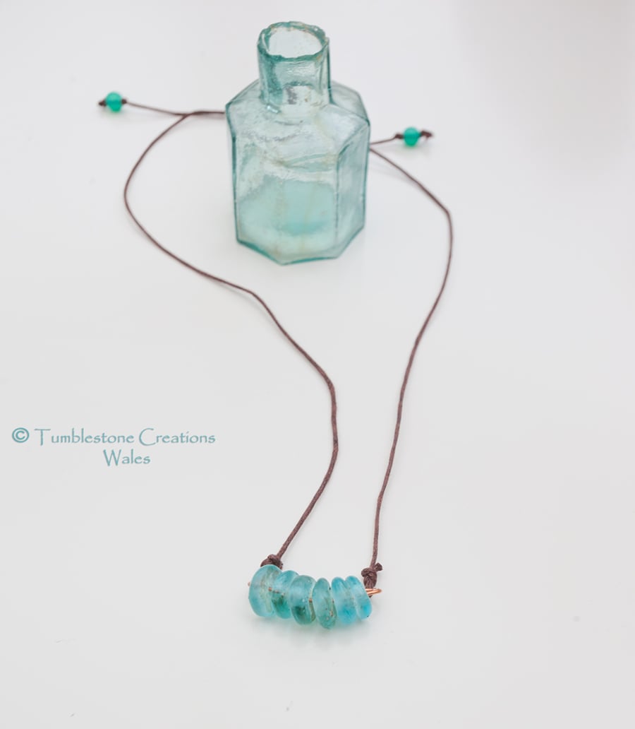 Recycled Turquoise Glass Disc Beads Cord Necklace