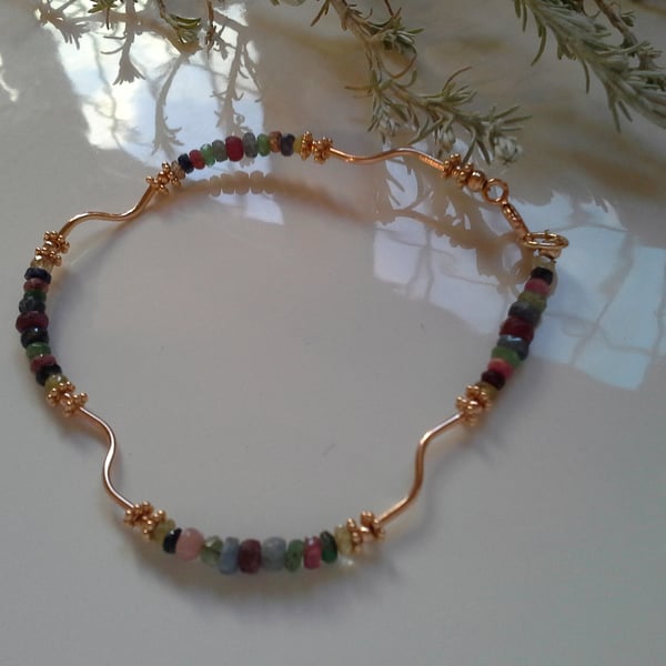 Dainty Wavy Ruby, Emerald & Sapphire Rose Gold Vermeil Bracelet 