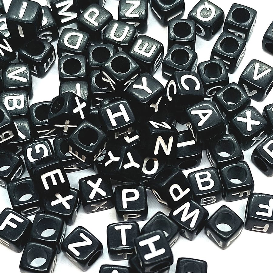 Image of 7mm Black Cube Acrylic Alphabet Beads, 100pcs Mixed Letters, Personalised Jewels