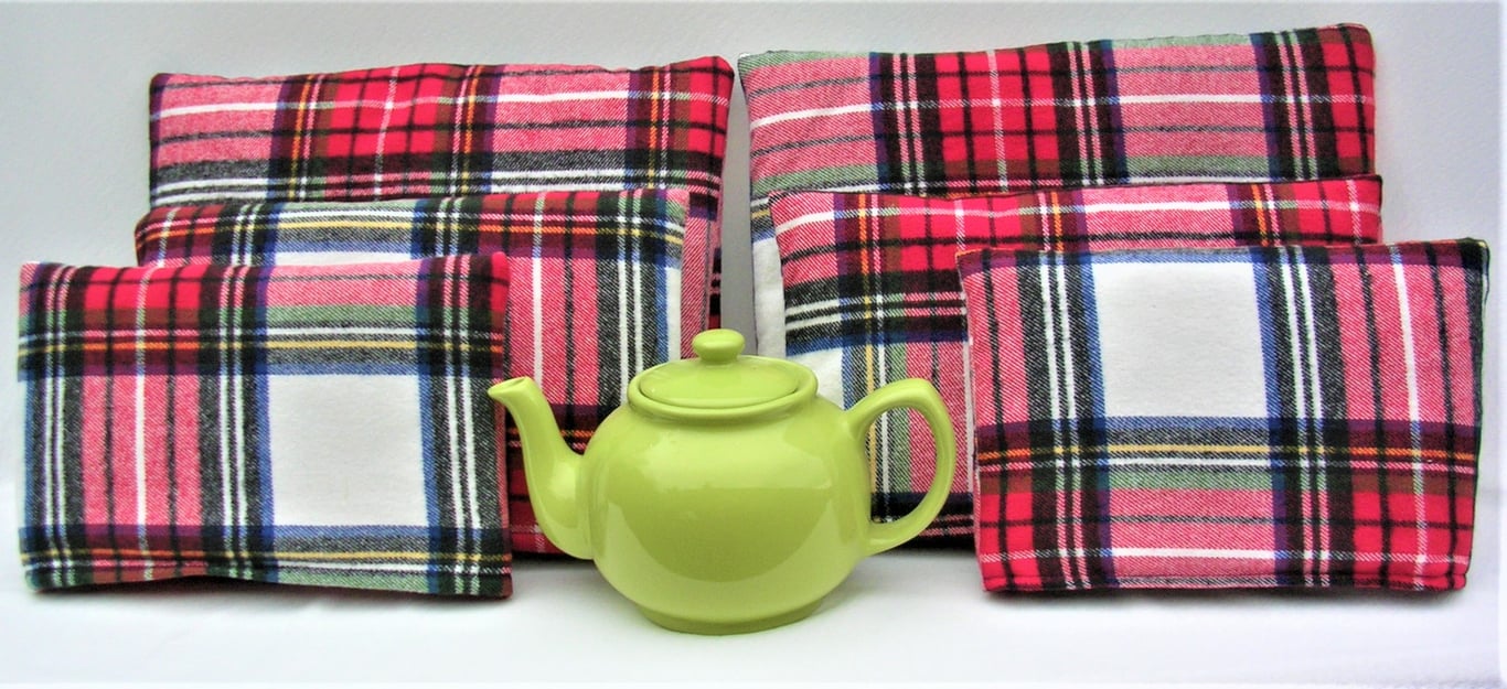 Red and White Tartan Tea Cosies, pair of small and large