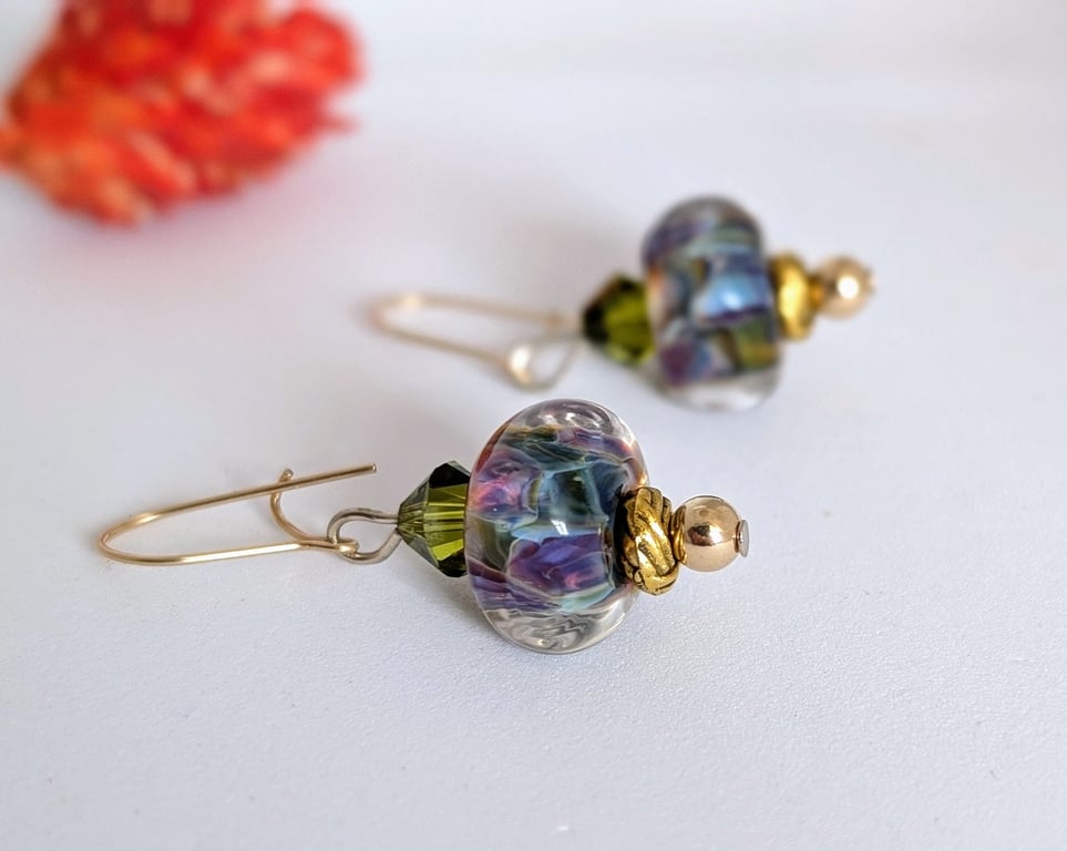 Lampwork Glass Bead Earrings: Soft Mauve and Green, Gold Filled Earwires