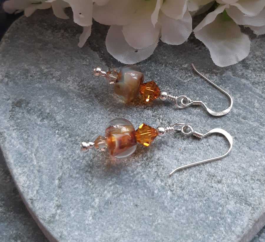Sterling Silver Handmade Golden Brown Lampwork Glass and Crystal Earrings
