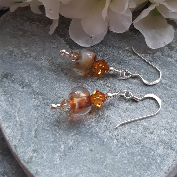 Sterling Silver Handmade Golden Brown Lampwork Glass and Crystal Earrings