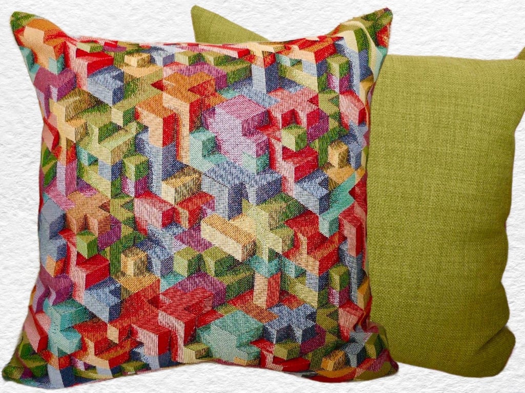 Cushion with Pad: Tapestry Blocks design Green reverse 17"(43cm)