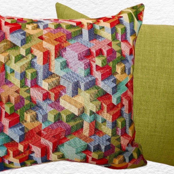 Scatter Cushion: Tapestry Blocks design Green reverse 17”(43cm)