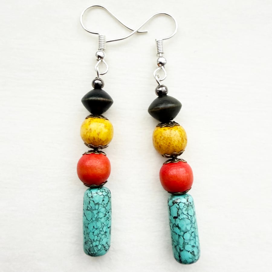 Moroccan Colours Aqua Orange Yellow Dark Brown Dangle Drop Handmade Earrings