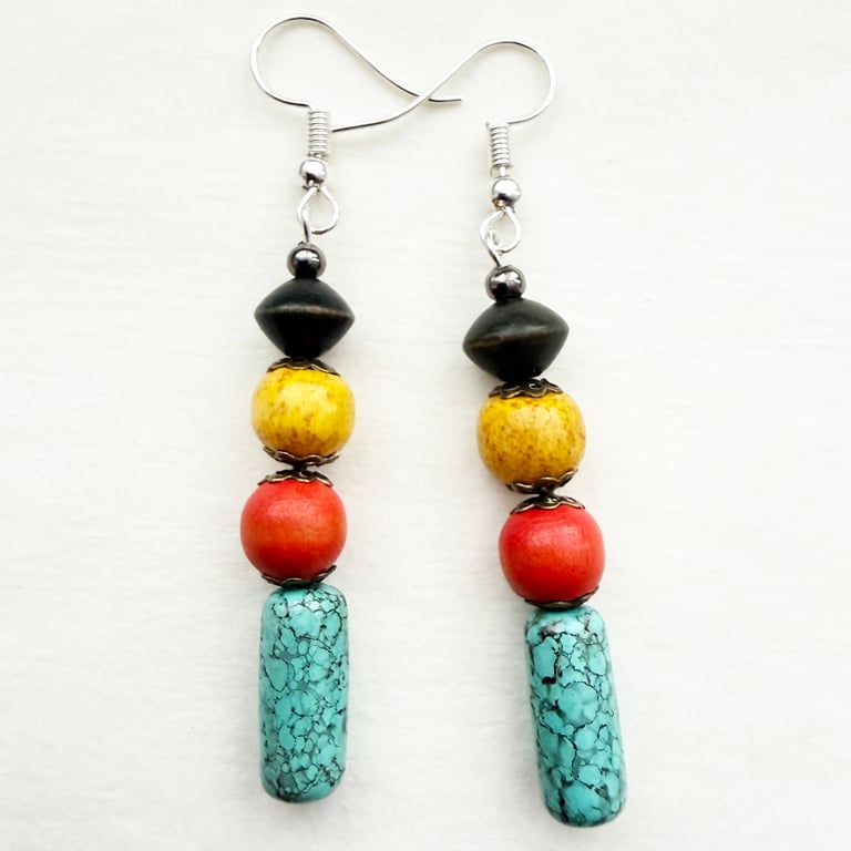 Moroccan Colours Aqua Orange Yellow Dark Brown Dangle Drop Handmade Earrings