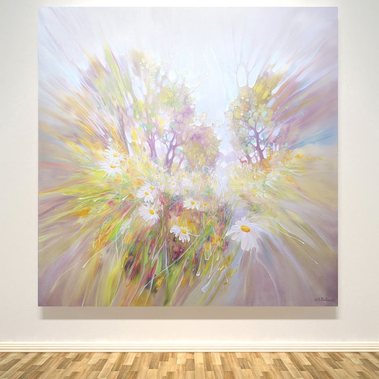 Spirited Away is a semi-abstract landscape with daisies in a meadow