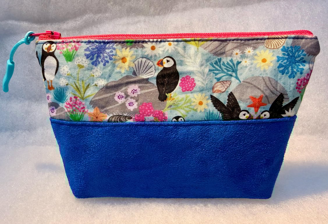 Puffin beach scape - Small zipped pouch for makeup, cosmetics, medication, etc..