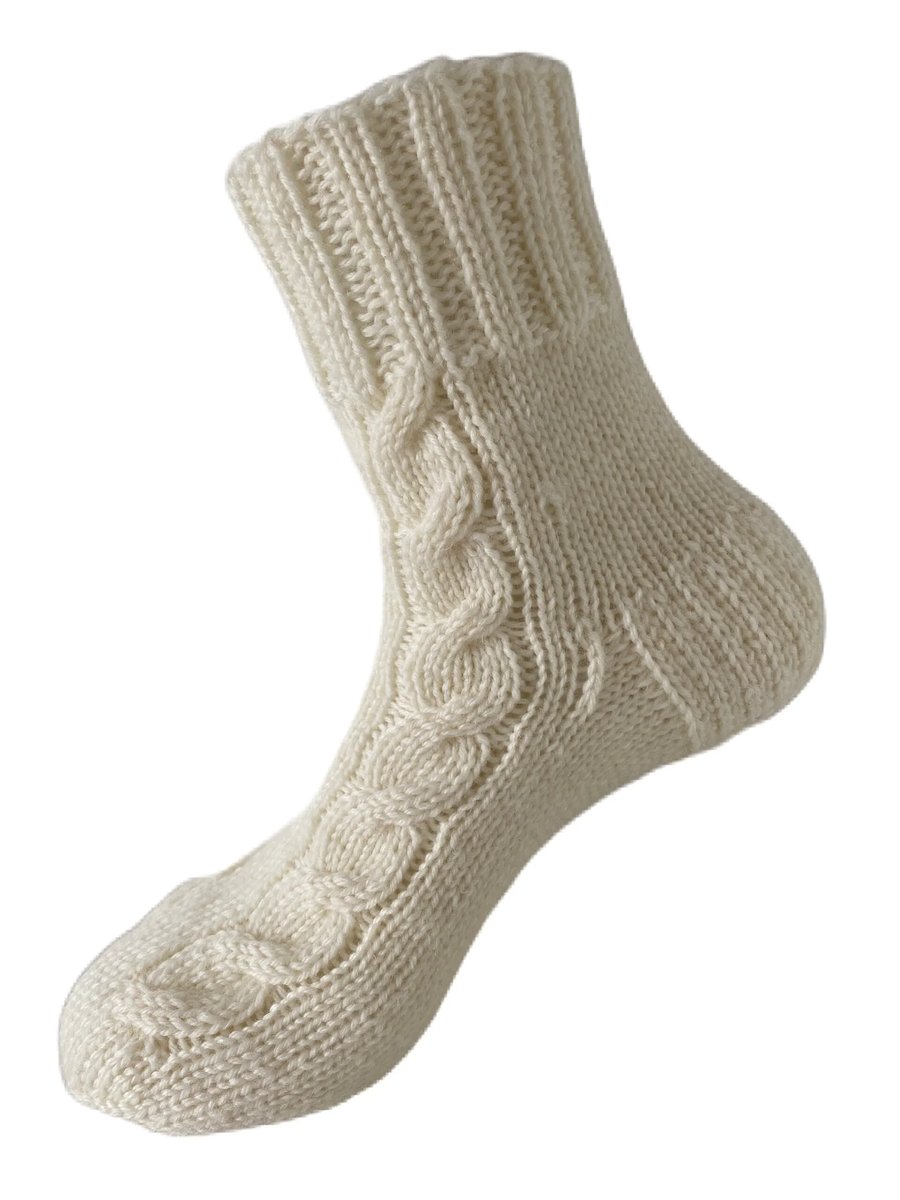 Hand Knitted Women Wool Socks White - Braids