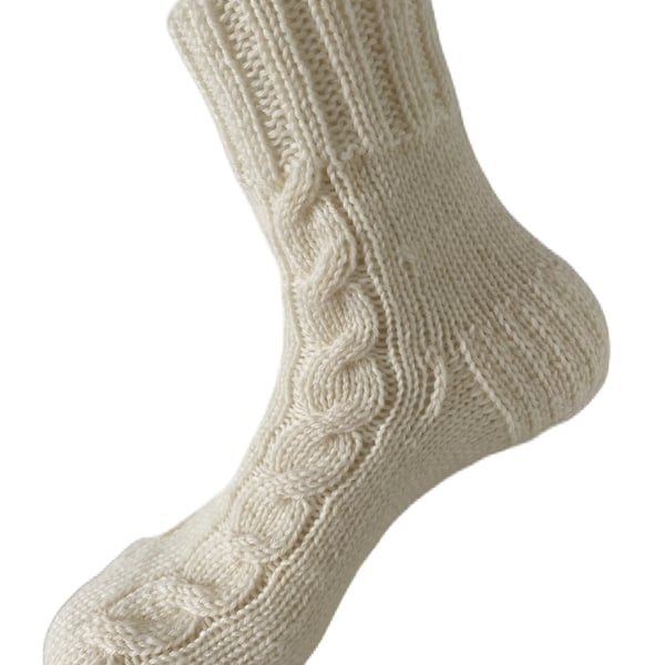 Hand Knitted Women Wool Socks White - Braids