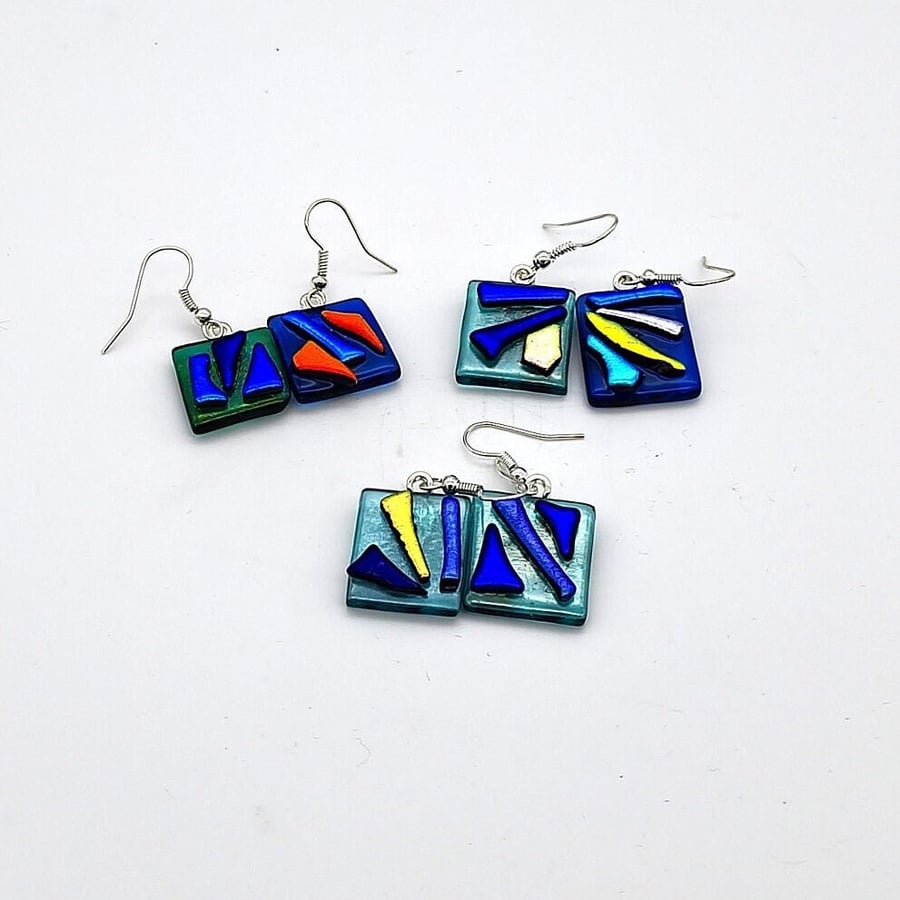 Funky Fused Glass Dangle Earrings Colorful Glass Tiles