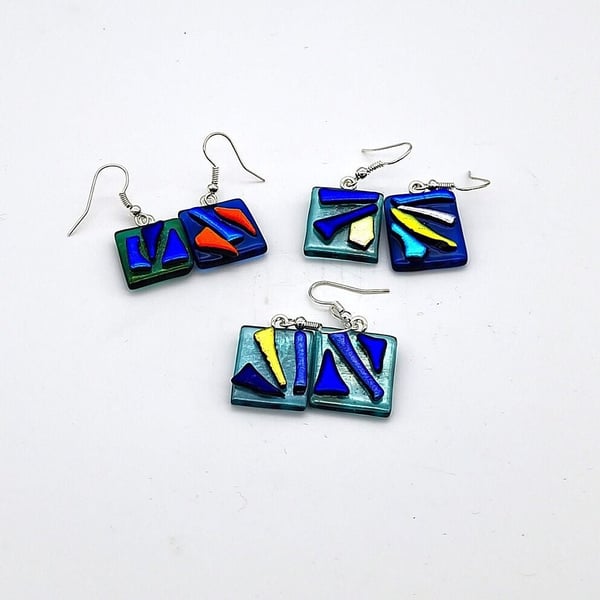 Funky Fused Glass Dangle Earrings Colorful Glass Tiles