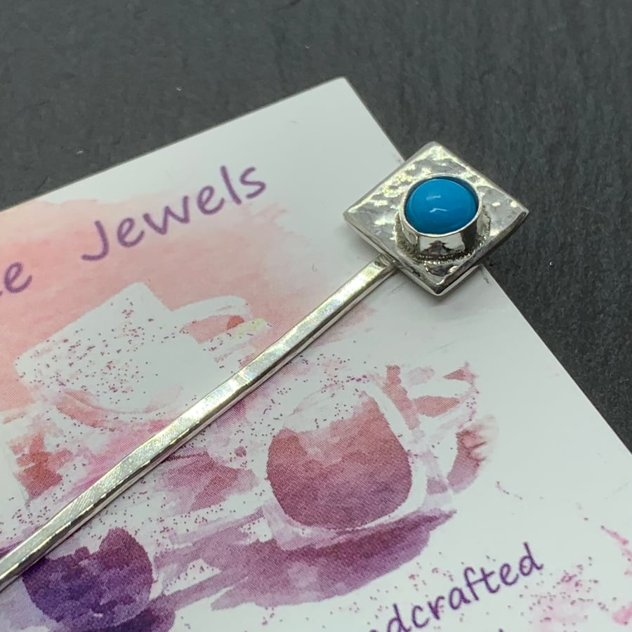 Sterling Silver Hairpin with 5mm Gemstone on Textured ‘Picture Frame’ 60mm