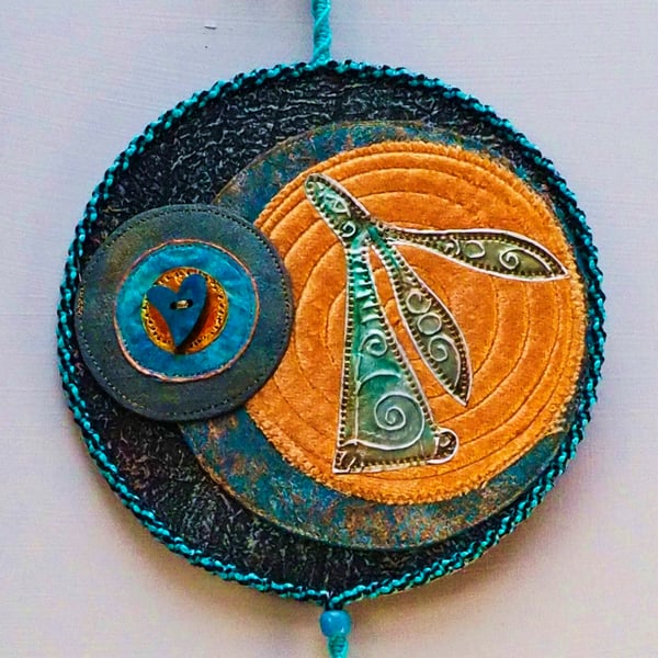 HMVM110 - Hare Moon Gazer Wallhanging- 15cm dia (90cm long) Turquoise - Black