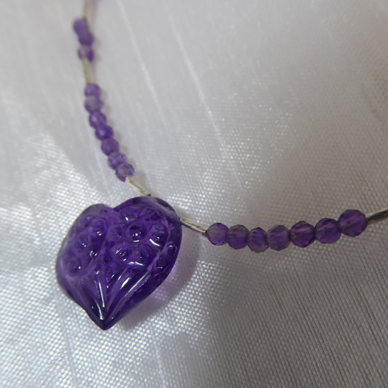 Amethyst Carved Heart Necklace with Sterling and Fine Silver February Birthstone