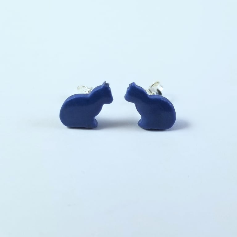 Earrings Blue Cat Stud Ceramic Sterling Silver Backs Free UK Postage