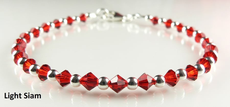 Light Siam Preciosa Czech glass beaded bracelet, lobster clasp, sterling silver