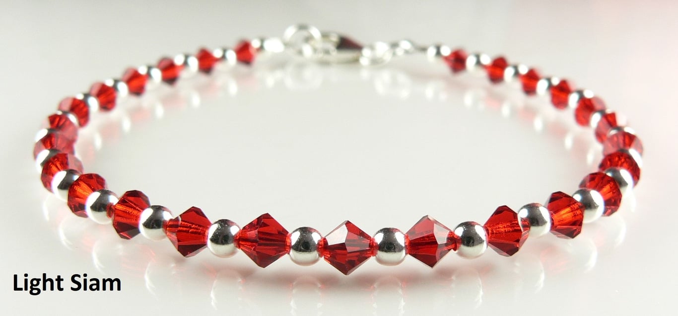 Light Siam Preciosa Czech glass beaded bracelet, lobster clasp, sterling silver