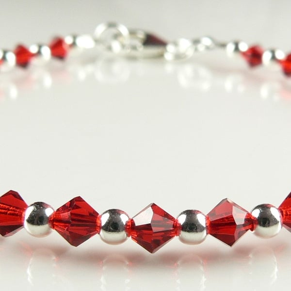 Light Siam Preciosa Czech glass beaded bracelet, lobster clasp, sterling silver