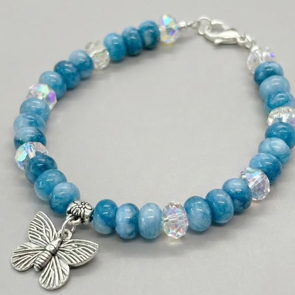 Blue Jade Rondelle Butterfly Bracelet 