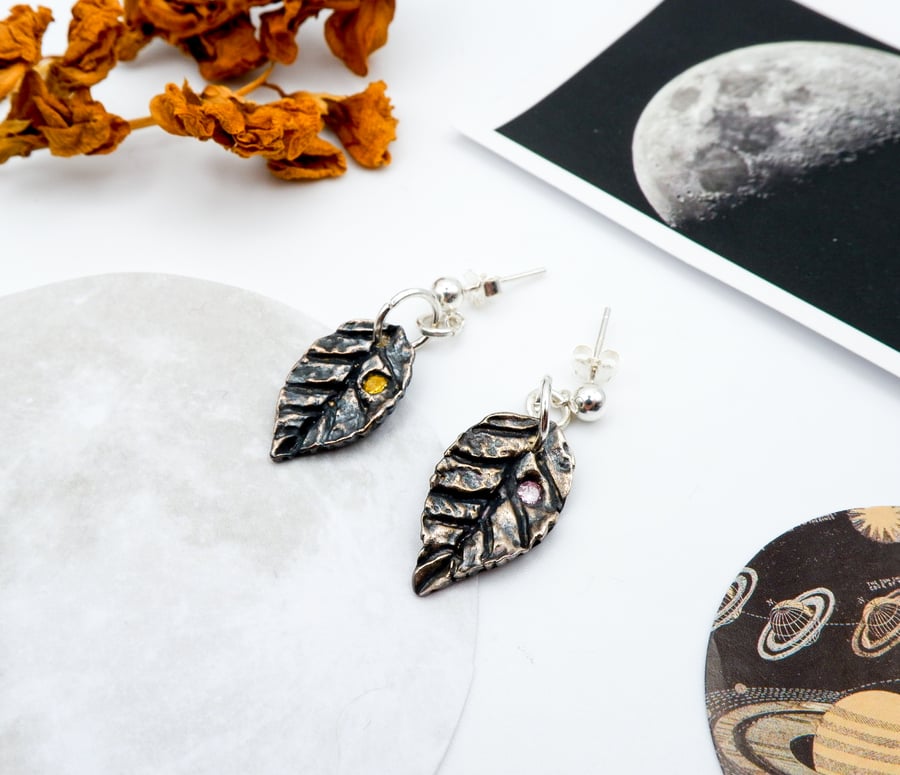 Blackberry Leaf Gemstone Dangle Earrings - Recycled Silver Botanical Earrings 