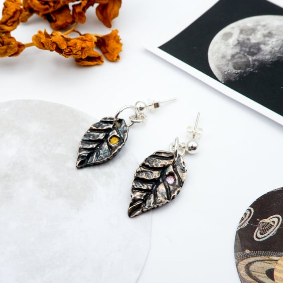 Blackberry Leaf Gemstone Dangle Earrings - Recycled Silver Botanical Earrings 