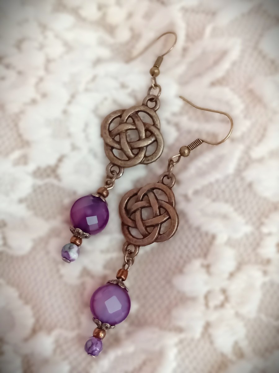 Agate & Bronze Earrings  Purple Agate