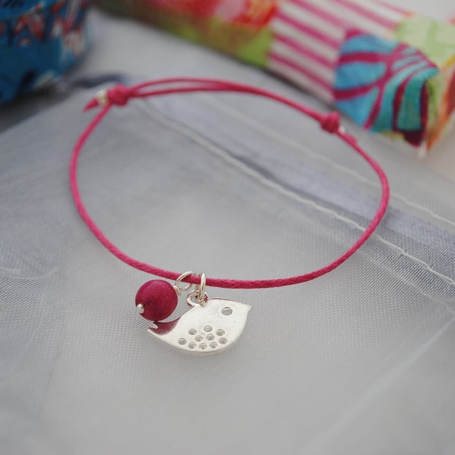 Friendship Bracelet-Fuchsia & silver bird bracelet