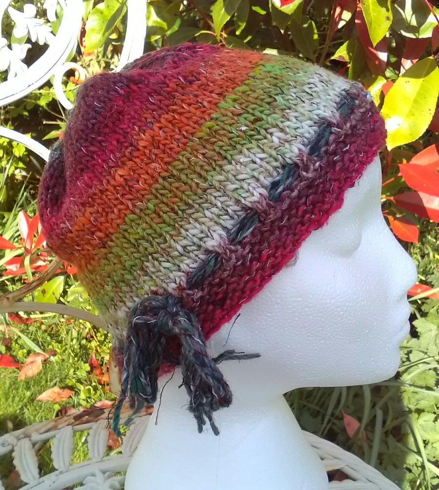 Handknit Noro cotton silk & wool hat green red lime and orange stripes Medium