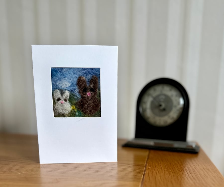Needlefelted Card Mummy and Baby Bunny Greetings Card for animal & nature lovers