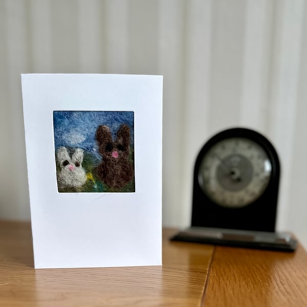 Needlefelted Card Mummy and Baby Bunny Greetings Card for animal & nature lovers