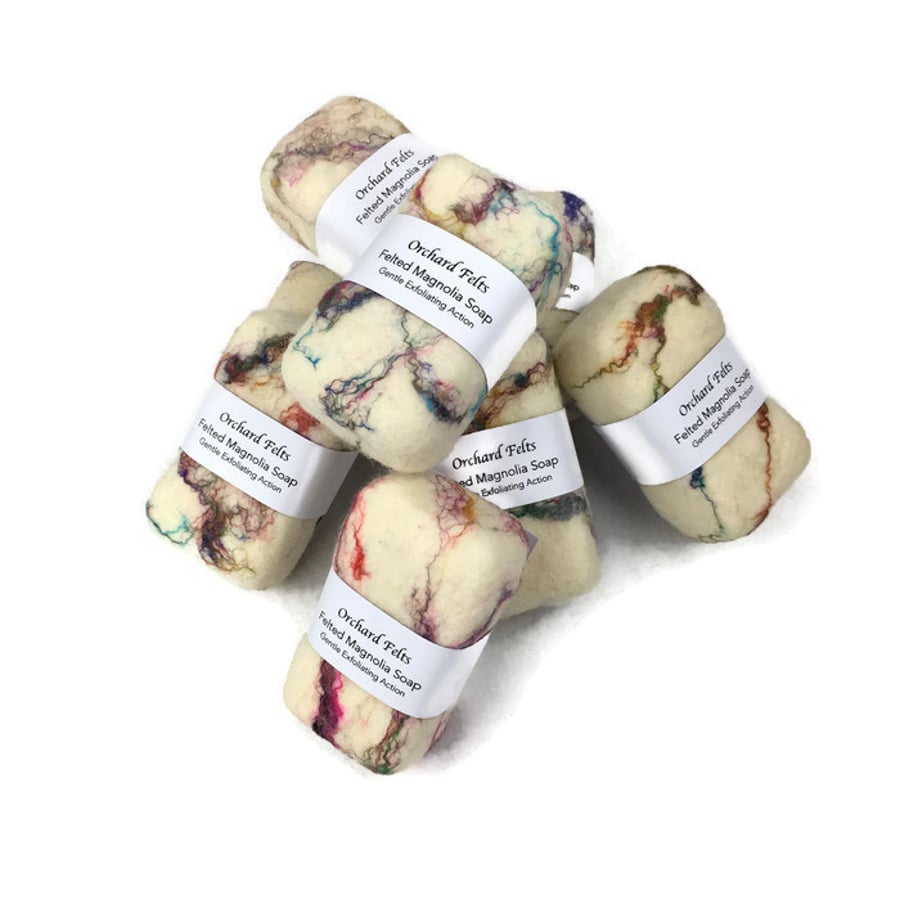 Felted soap, exfoliating soap, white merino wool with silk strands
