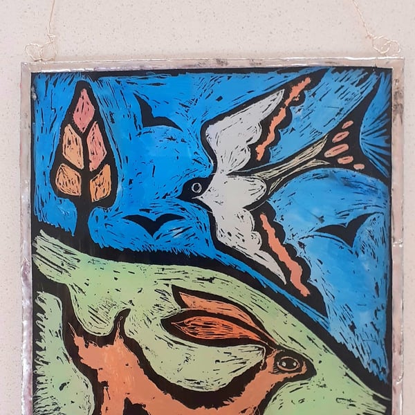 HARE SUNCATCHER  or WALLHANGING. Hand painted Glass. 9 x 6