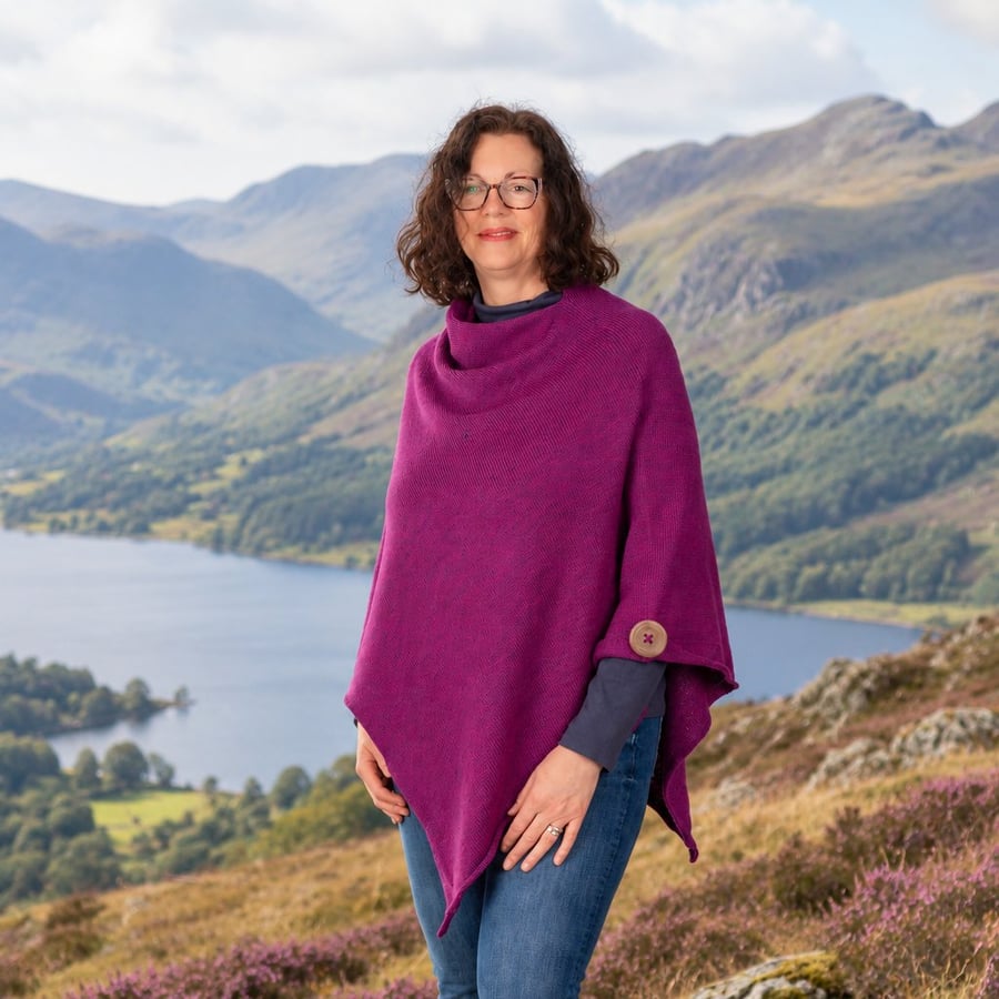 Magenta Pink Merino Wool Poncho, Women's Knitted Poncho, Winter Wrap