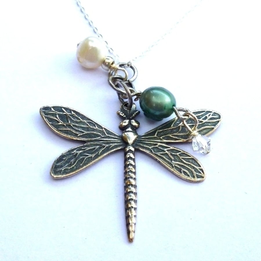 Image of Dragonfly Necklace With Freshwater Pearls & Crystal
