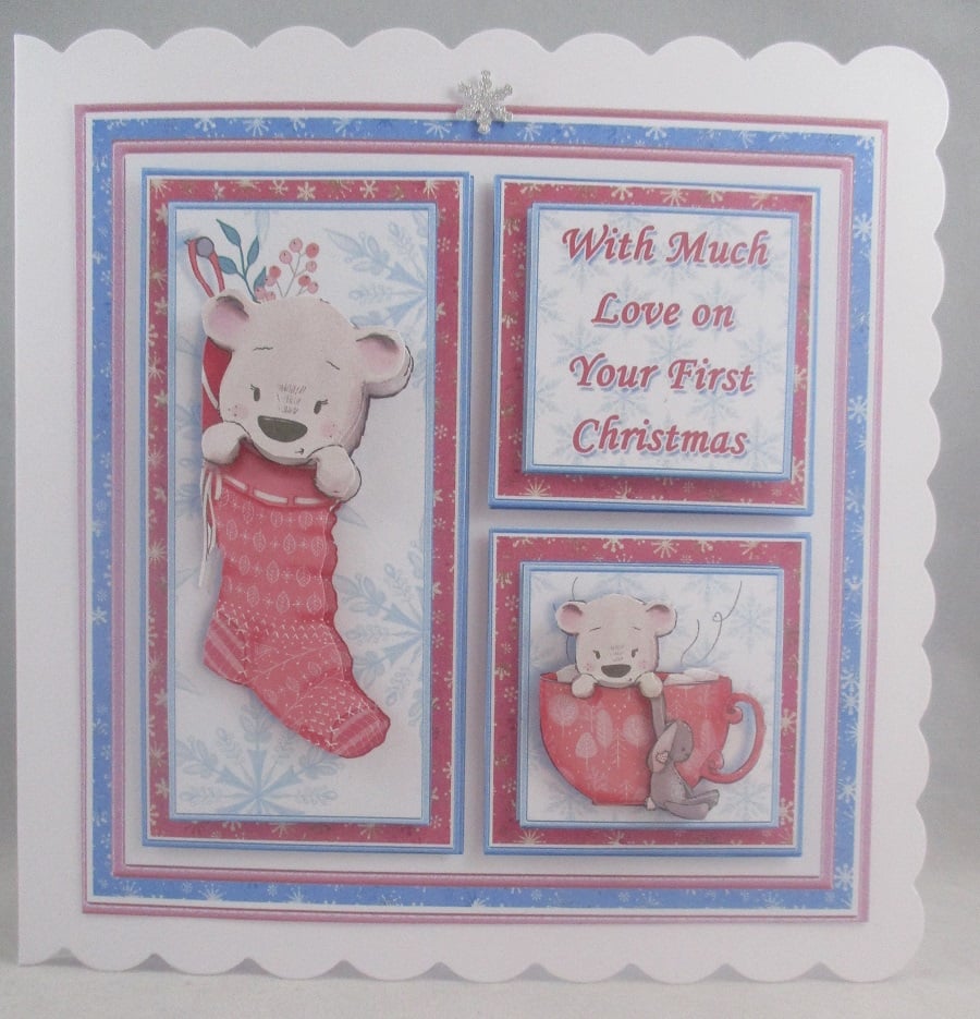 Handmade Decoupage,3D Cute Bear Girl First Christmas Card, Personalise