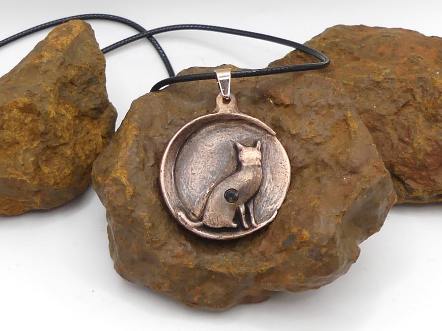 Copper Cat Sitting On A Moon with Citrine Gemstone Pendant Necklace