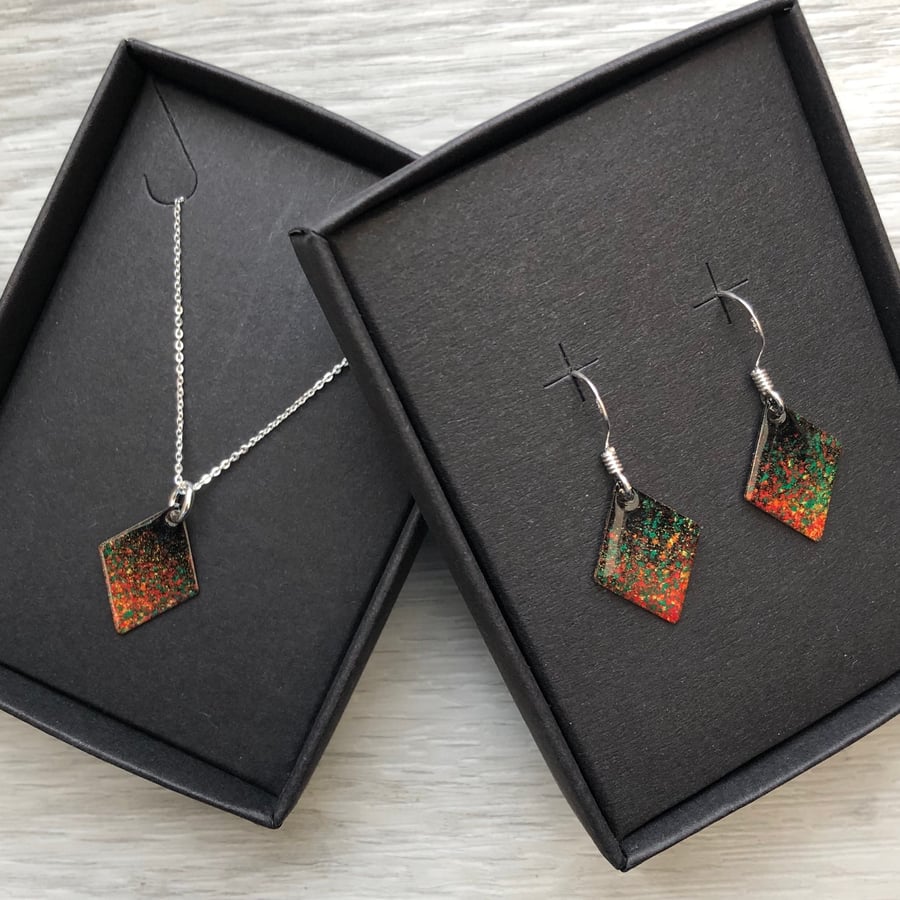 Diamond enamelled necklace & earring sets. Fireworks. Sterling Silver 